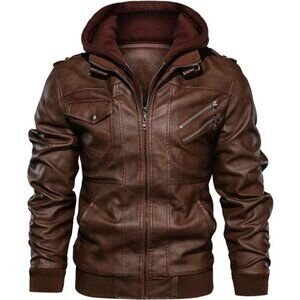 Men's Faux Leather Jacket Stand Collar Motorcycle Bomber Jackets Removable Hood